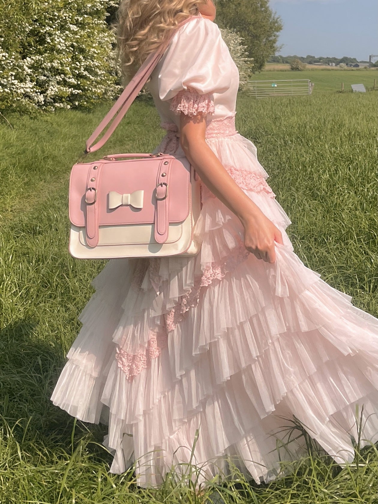 Women's Faux Leather Bow Messenger Bags - Pink/Beige