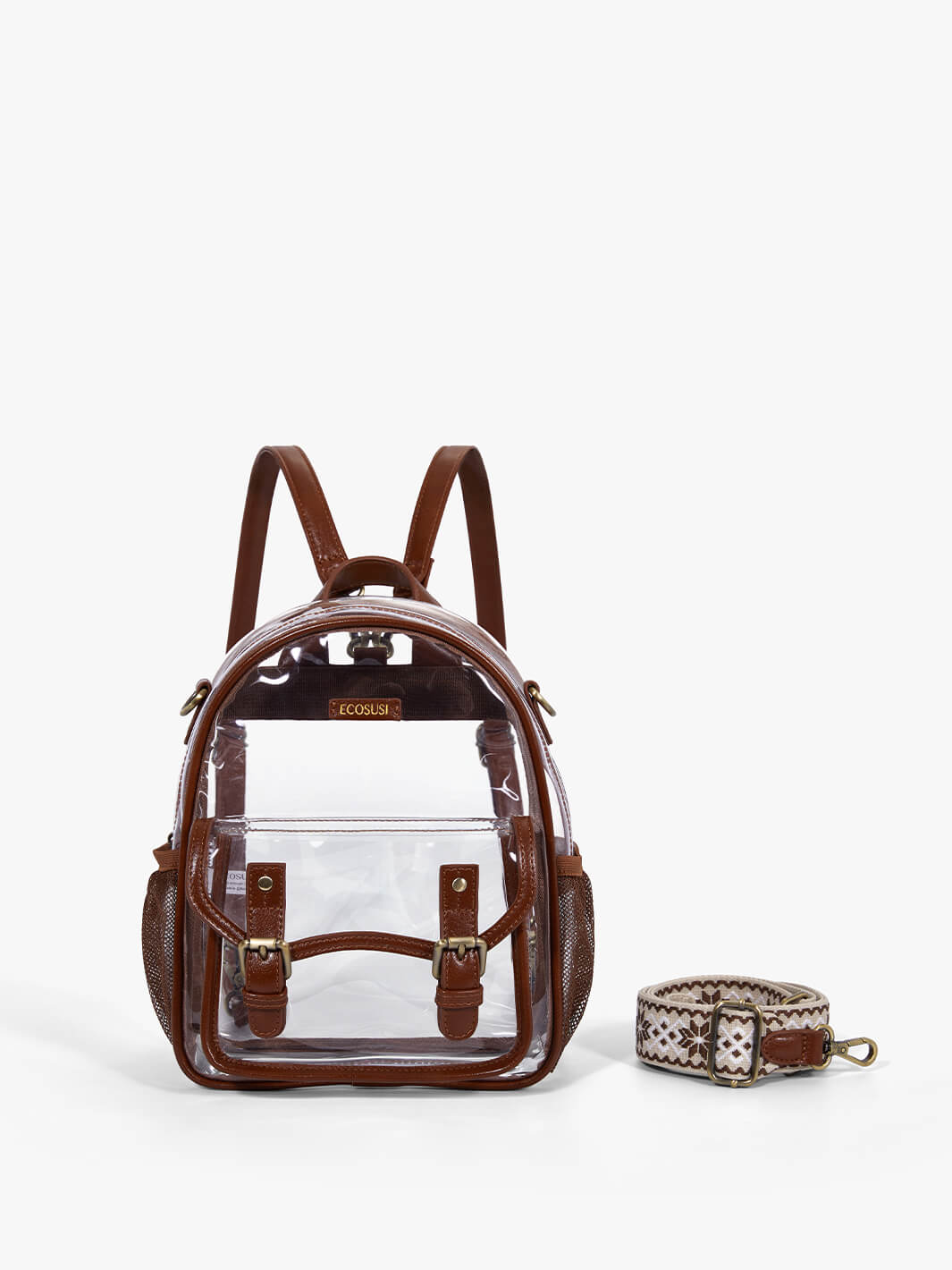 Mini Clear Cackpacks with Vegan Leather - ECOSUSI  Brown Clear Backpack