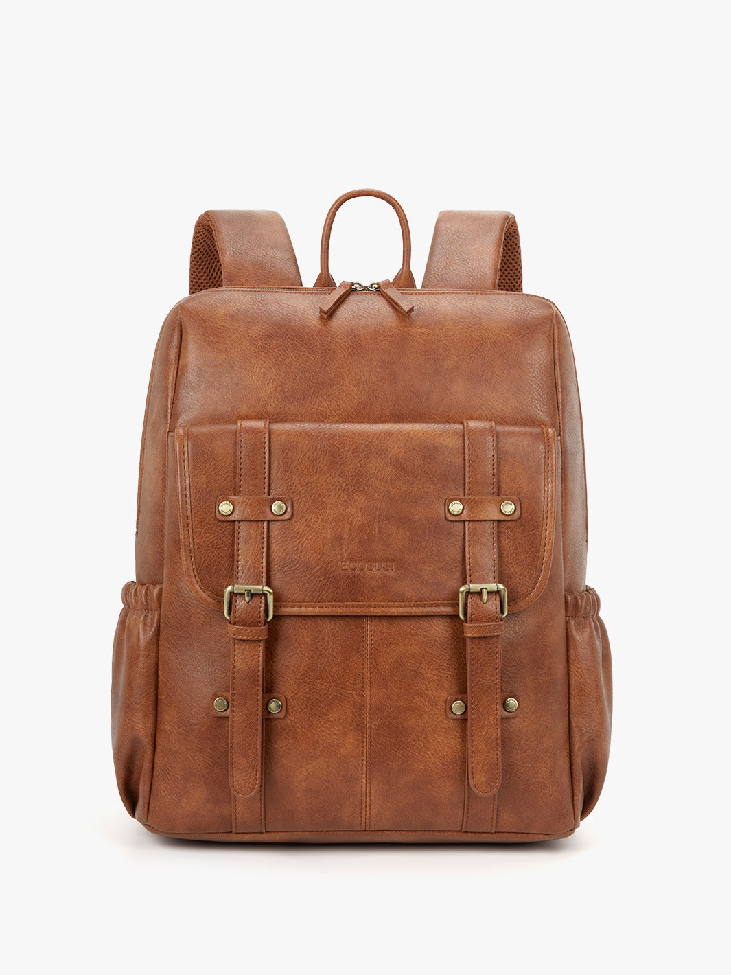 cute brrown leather backpack Ecosusi Scarlett Flip Zipper Vegan 15.6" Backpack Laptop Compartment, Rust Brown