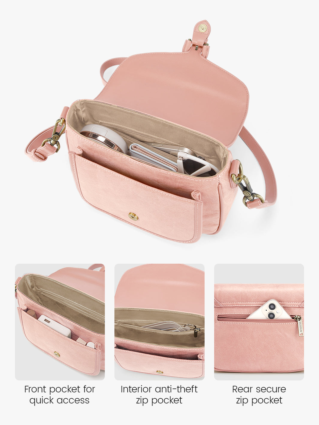 Lightweight Vintage Saddle Bag - Evelina’s Washable Paper Material for Casual & Travel Use-Pink