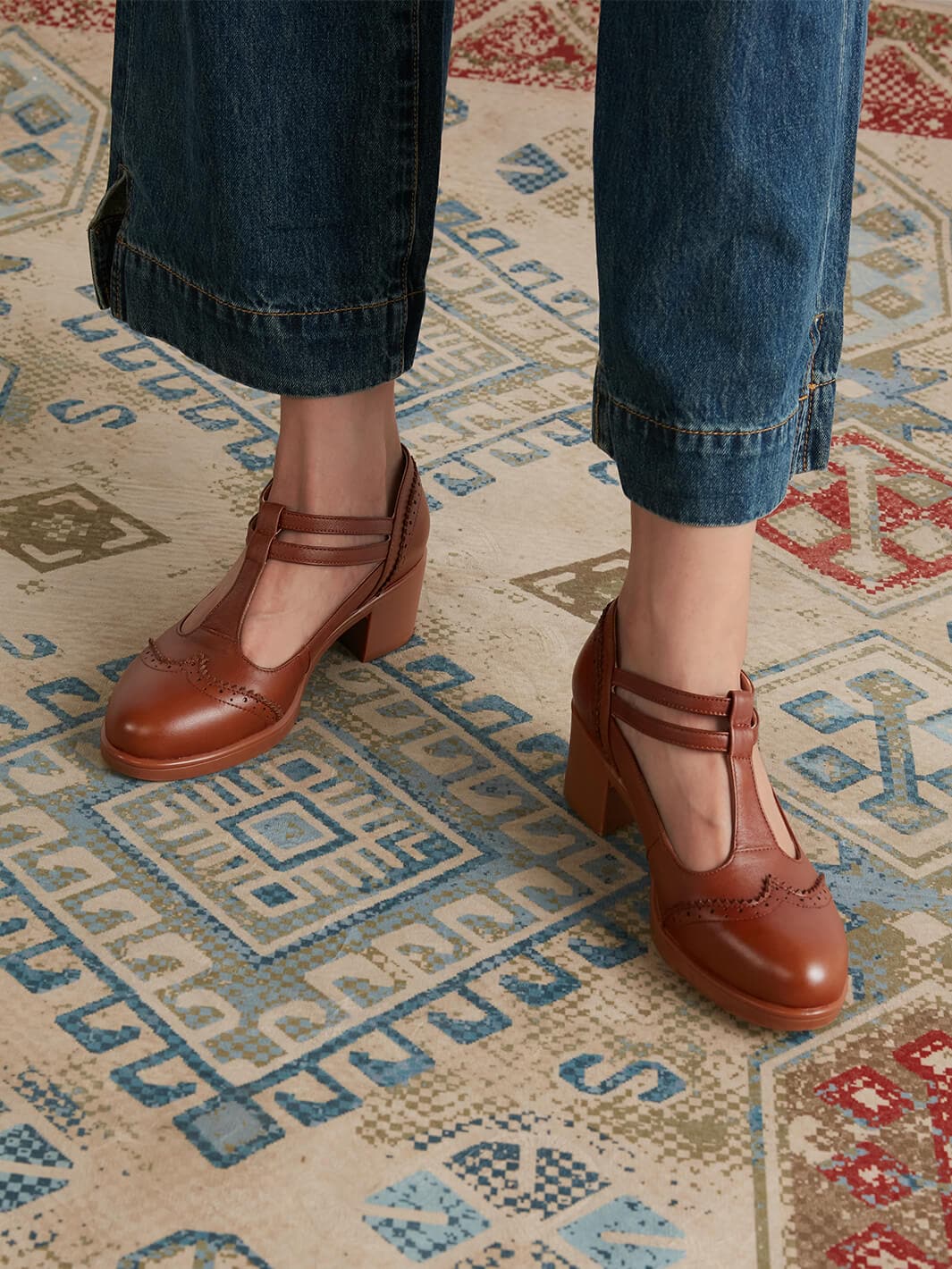 Classic T-Strap Leather Shoes - Handmade, Vegan Leather, 5 cm Heel